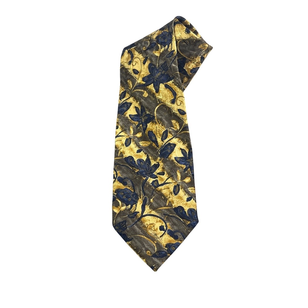 Hubert Milano Floral Necktie Gold Brown Blue Flower Pattern Men's‎ Accessory